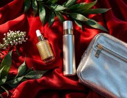 Luxury make-up and cosmetic products on red silk background. Luxury Beauty Set photo
