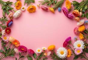 Vibrant Floral Bouquet on Pink Festive Greeting Card Design with Copy Space bright spring summer photo