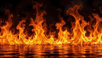 Fiery Blaze Inferno Flame Texture with Water Reflection, Isolated Background for Design Projects photo