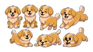 Kawaii Golden Retriever Puppies in Various Playful and Expressive Poses - Cartoon Style Dog Characters vector
