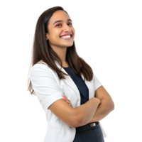 Portrait of a cheerful woman standing with arms crossed, radiating positivity and confidence png
