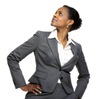 Business professional in a gray suit looking up with confidence during a leadership event in an office setting transparent background png