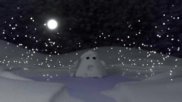 A snowman in the snow with a moon in the background video