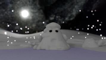 A snowman in the snow with a moon in the background video