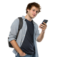 smart Young man holding smartphone in a casual setting while wearing a checked shirt and backpack, smiling confidently png