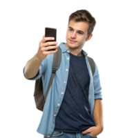 Young man holding smartphone in a casual setting while wearing a checked shirt and backpack, smiling confidently isolated on transparent background png