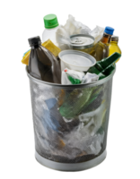 overflowing metal trash can with plastic bottles, aluminum cans, and waste on isolated background, full garbage bin with recyclable and non-recyclable waste, environmental pollution png