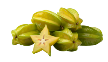 pile of whole and sliced starfruit on isolated background, fresh exotic carambola with glossy green-yellow skin and star-shaped cross-section, tropical fruit for healthy eating, juice, smoothies, png
