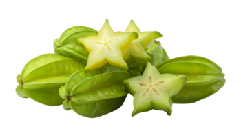 pile of whole and sliced starfruit on isolated background, fresh green-yellow carambola with glossy texture and star-shaped cross-section, tropical exotic fruit for healthy eating, smoothies, png