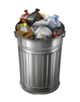 silver metal garbage can full of trash bags, overflowing waste container with mixed rubbish on isolated background for environmental pollution and waste management concept png