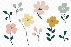 Delicate minimalist elements set of flowers in soft pastel colors, with elegant leaves and flowers, perfect for textiles, wallpapers and design vector