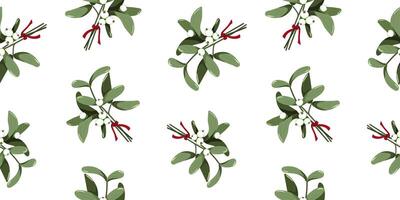 Seamless Christmas and New Year pattern featuring mistletoe sprigs with white berries and red ribbon on a festive white background, symbolizing holiday traditions vector