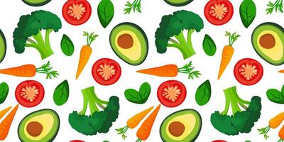 Seamless pattern featuring healthy vegetables, including avocado, broccoli, carrot, tomato, and spinach, white background, food web designs textile vector