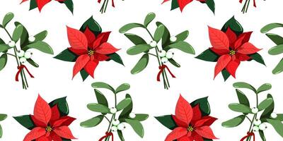 Seamless Christmas and New Year pattern featuring mistletoe with white berries and poinsettia flowers in red and green on a festive white background textile web decorations vector