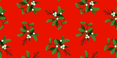 Seamless Christmas and New Year pattern with mistletoe branches with white berries and red ribbon on a festive red background symbolizing holiday traditions for web design textiles vector