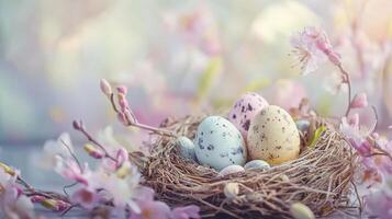 Easter eggs in a bird's nest, with pastel colors, spring flowers. 10 photo