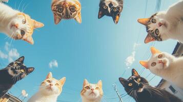 From a bottom-up perspective, eight cats form a circle and the on the background. 10 photo