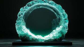 A large, circular, glowing teal glass sculpture with green lights inside, centered on a black background. 3 photo