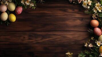 Easter background with colored eggs and flowers on dark wood, top view. 13 photo