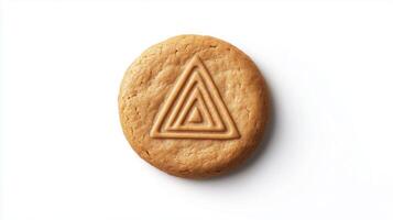 Circular cookie with the triangle simple icon on it, isolated on solid white background. 7 photo