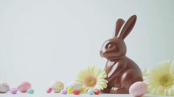 Chocolate Easter bunny, surrounded by small eggs and flowers on a white background. 12 photo