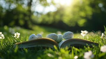An open book with Easter eggs on the grass, flowers in the background. 20 photo