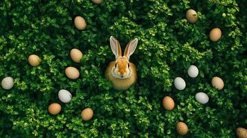 Top view from Easter eggs with Easter bunny, on fresh green meadow. 13 photo