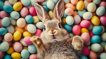 Top view of Easter smiling funny bunny laying on the back with a lot of colorful eggs. 14 photo