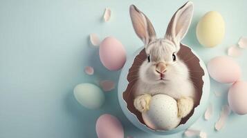 A bunny and ears sticking out of an egg-shaped hole in light and pastel colors, with eggs. 14 photo