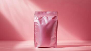 Light shining spotlight on a bag of protein with pink background. 9 photo