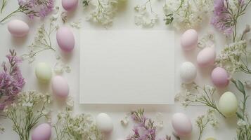 Easter-themed blank white card mockup surrounded by small Easter eggs and delicate flowers. 14 photo