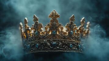 A majestic fantasy king's crown on a back smoky background. 4 photo