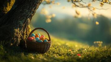 Easter eggs in a wicker basket under a tree on the grass. 10 photo