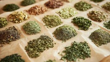 Various dried and fresh herbs, such as thyme, oregano, and sage, laid out on paper. 2 photo