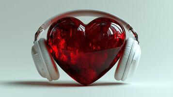A red heart with white headphones on a white background. 3 photo