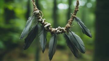 The necklace with weathered bones and dull gray feathers against a forest background. 9 photo