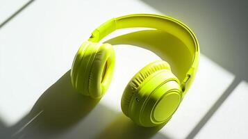 Wireless headphones in a bright neon yellow, placed on a white surface. 10 photo