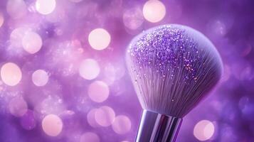 A makeup brush with glitter on the bristles, set against a purple bokeh background. 10 photo