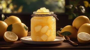 A jar of golden quince marmalade, decorated with a rustic twine bow. 10 photo
