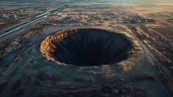Very large, circular, dark, empty, bottomless sinkhole in the middle of an airfield strip. 3 photo