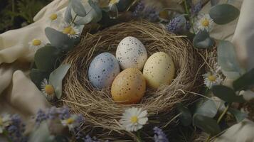 Easter eggs placed in a nest, surrounded by eucalyptus leaves and flowers, on a linen fabric. 12 photo