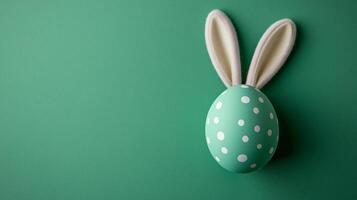 Green polka-dot egg with bunny ears on a green background. 13 photo
