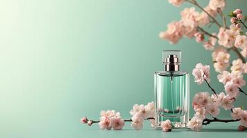 A perfume bottle standing on a branch of pink cherry blossoms with light green background. 3 photo