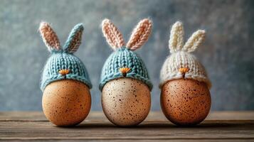 Three eggs with knitted bunny hats, on a wooden table, against a gray background. 14 photo