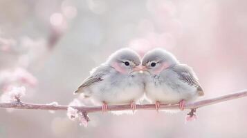 Two cute, gray little birds snuggling on a branch, with soft lighting and a blurred background. 16 photo