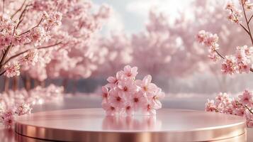 A round podium with pink sakura flowers on it, a blurred background with blooming cherry. 6 photo