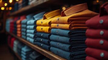 A close up shot of women's shirts folded on a display shelf. 9 photo