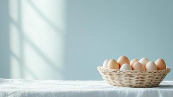 Simple white colored Easter background with an empty table and a basket of Easter eggs. 14 photo