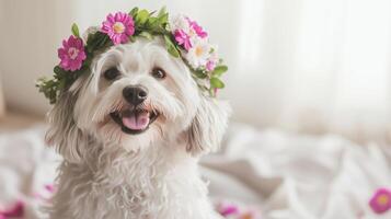 Smiling dog, wearing a wreath of flowers on a light background. 16 photo