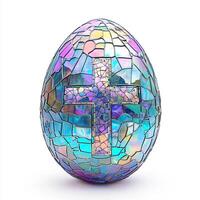 Easter egg with a cross, made of iridescent mother-of-pearl glass mosaic, on a white background. 13 photo
